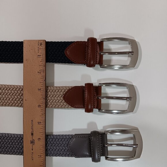Set of 3 Braided Elastic Stretch Belts, Size Medium, Navy, Tan and Grey - Picture 3 of 10